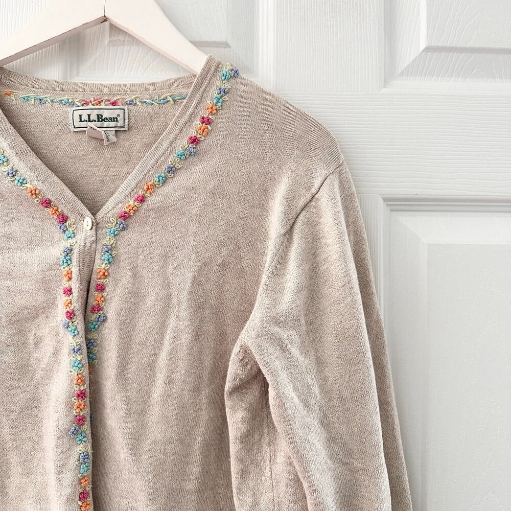 LL Bean Vintage Beige Linen Cotton Cardigan Embroidered Multi Floral Trim Large - Picture 4 of 9